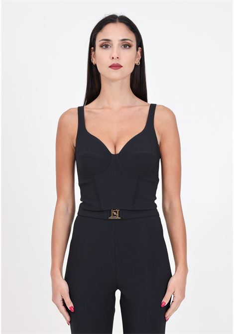 Black women's bustier top in stretch crepe with embroidery ELISABETTA FRANCHI | TO01041E2110